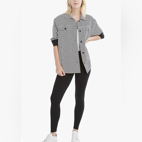 BCBGeneration Long Button Up Jacket Shacket Houndstooth Black White Office Sz M - Picture 1 of 16
